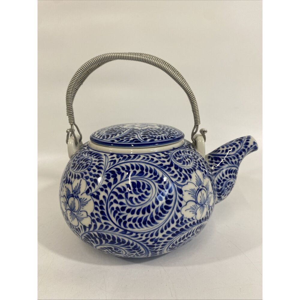 Vintage Japanese Teapot Ceramic Blue & White Handpainted Floral Metal‎ Handles